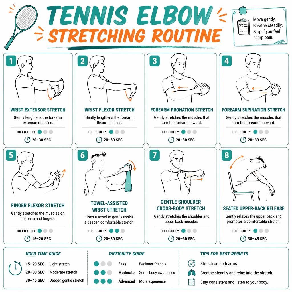 Infographic titled Tennis Elbow Stretching Routine with 8 numbered line-drawn stretch poses, hold times, benefits, and difficulty.