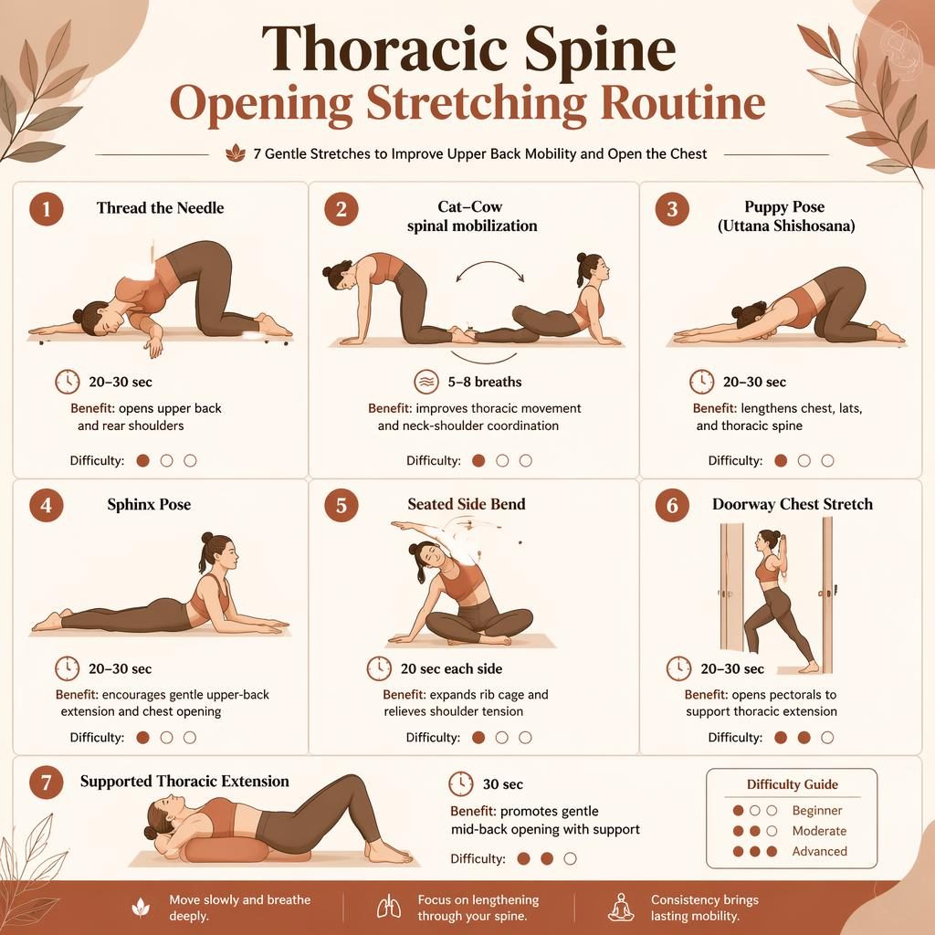 Editorial infographic with 7 numbered figures showing thoracic spine opening stretches in warm earth tones and clean labels.