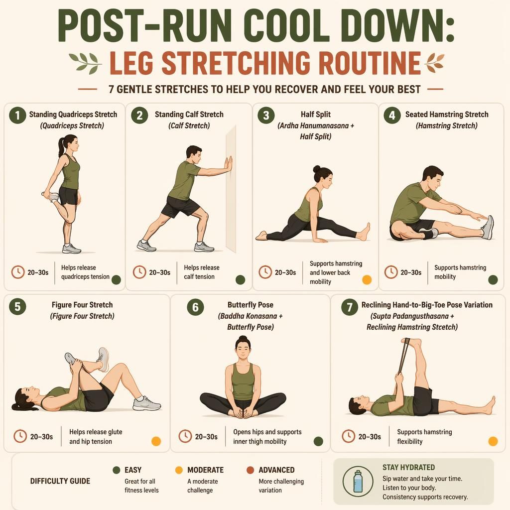 Infografía de estiramientos post-carrera con 7 figuras numeradas, siluetas lineales, tiempos de 20–30 s y paleta tierra.