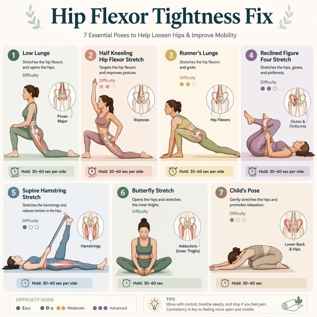 Editorial infographic with 7 numbered hip-focused stretch poses, pastel anatomy silhouettes, labels, benefits, difficulty dots.