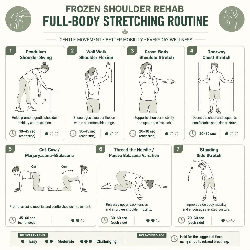Editorial infographic with 7 numbered figures showing gentle frozen shoulder rehab stretches in a sage wellness design.
