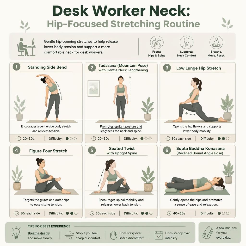 Editorial infographic with 6 numbered figures showing gentle hip and neck stretches, sage palette, labels, hold times, and difficulty dots.