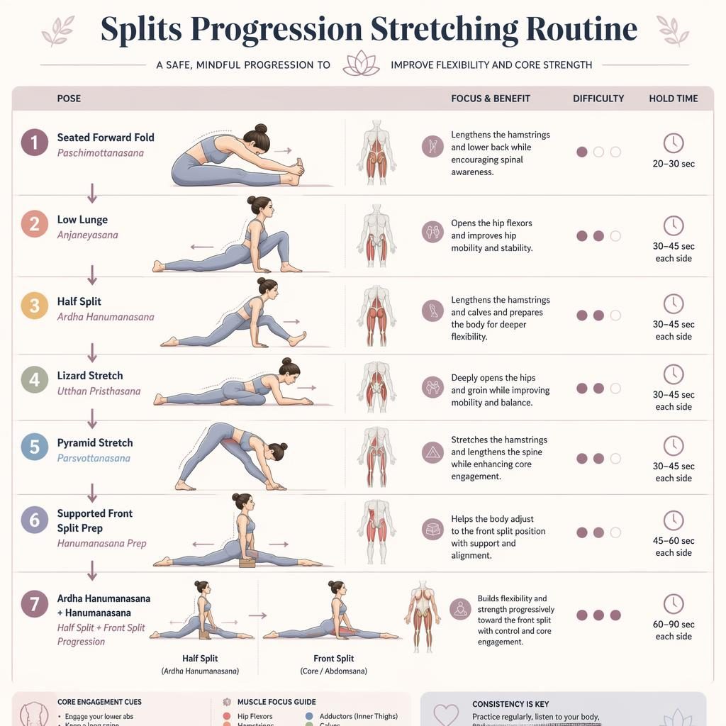 Vertical infographic with 7 line-drawn poses showing a beginner front splits progression, pastel anatomy styling and timing labels.