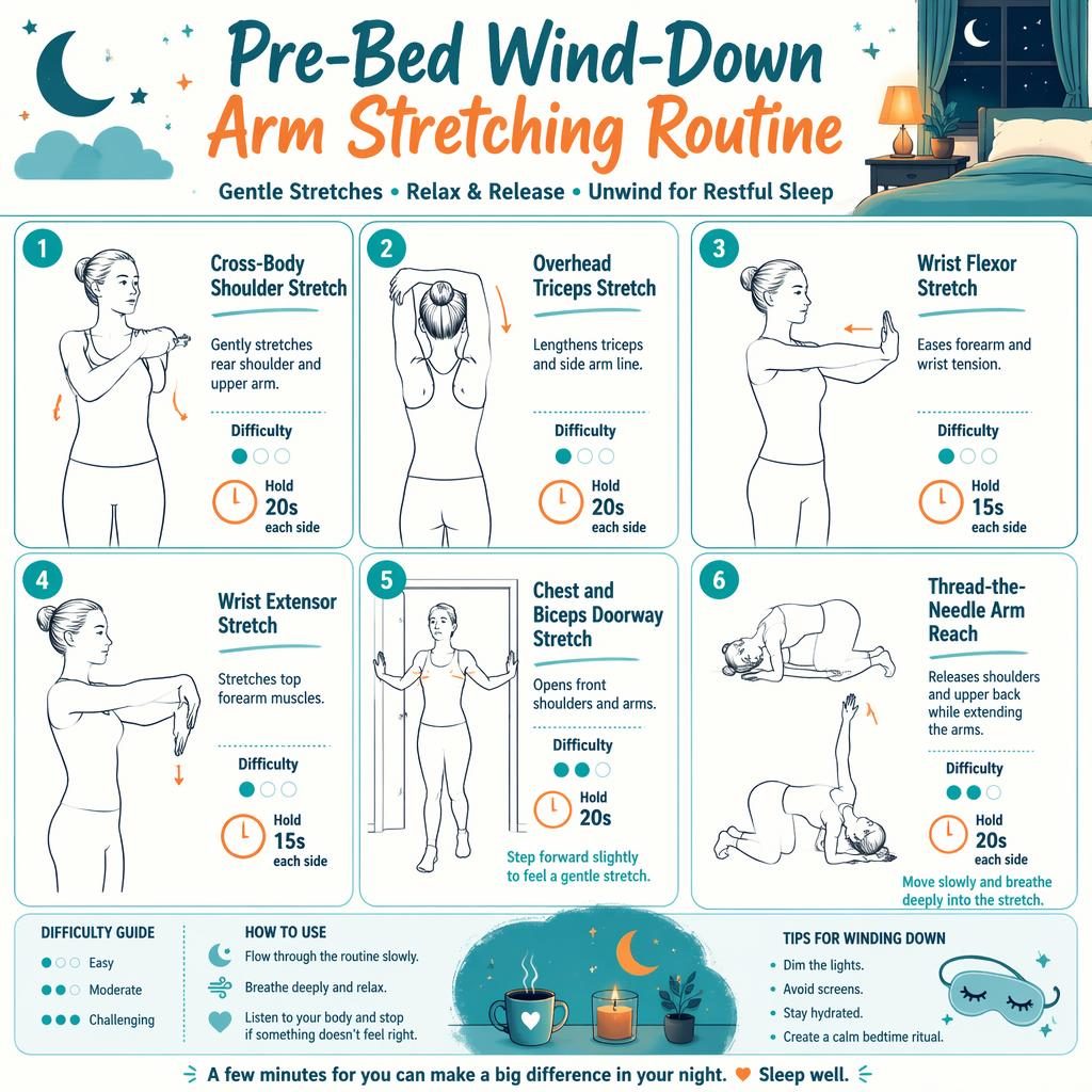 Sketchnote infographic with 6 numbered bedtime arm stretches, line-drawn figures, teal and orange labels, benefits, dots, and hold times.