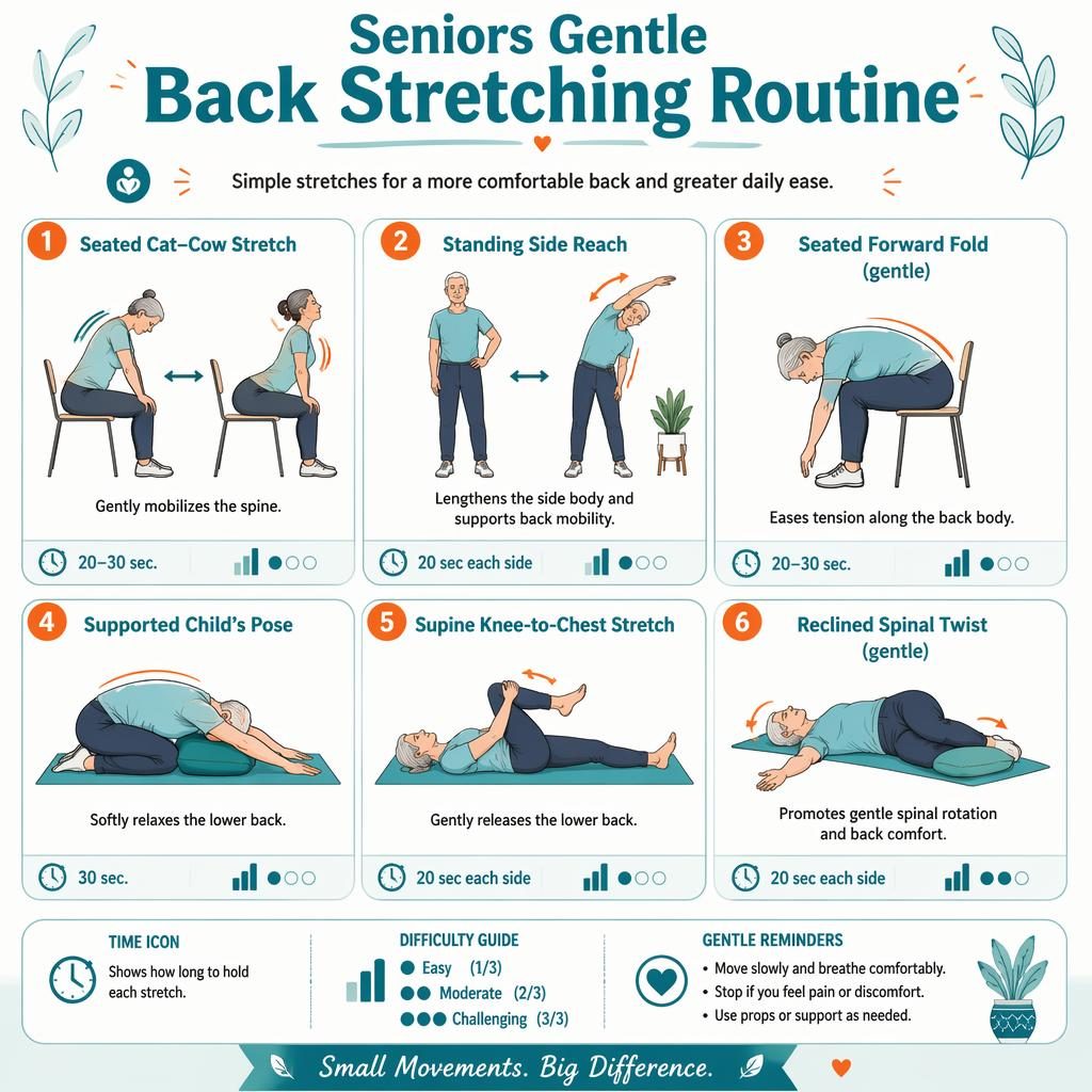 Sketchnote infographic with 6 numbered senior back stretches, teal and orange palette, time labels, benefits, and difficulty dots.