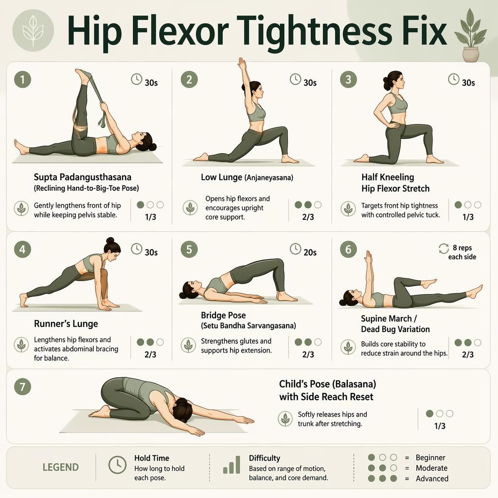Editorial infographic with 7 numbered hip flexor stretches, sage palette, anatomy silhouettes, hold times, benefits and difficulty dots.