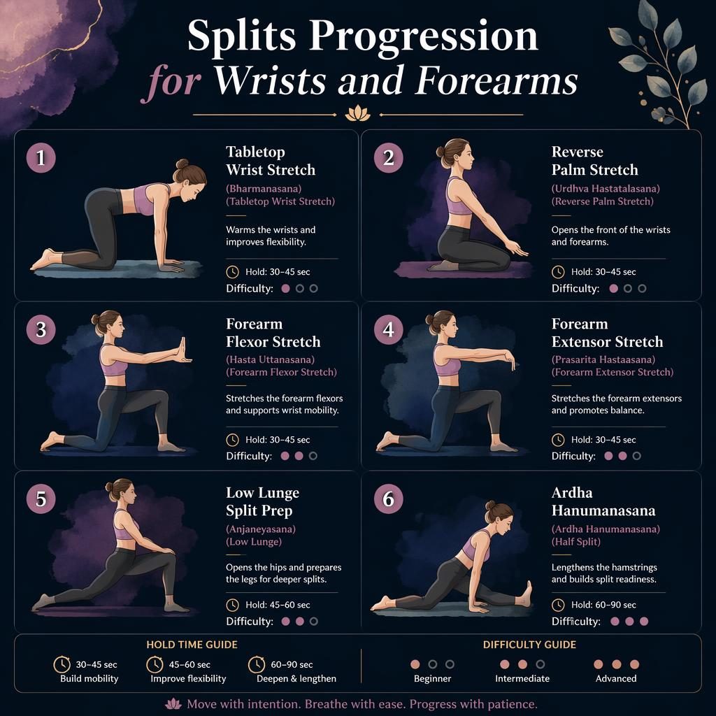 Dark mode watercolor infographic with 6 line-drawn figures showing wrist, forearm, and half split stretches in sequence.