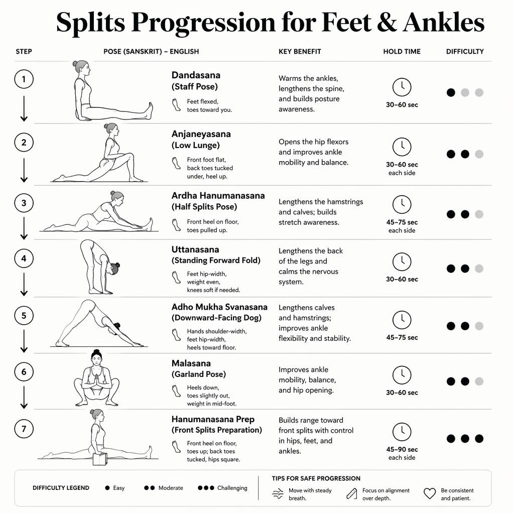Monochrome infographic with 7 line-drawn yoga poses showing a safe splits progression for feet and ankles.