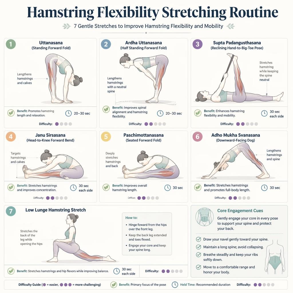 Infographic with 7 line-drawn figures showing a hamstring flexibility stretching routine with pose names, benefits, hold times, and difficulty.