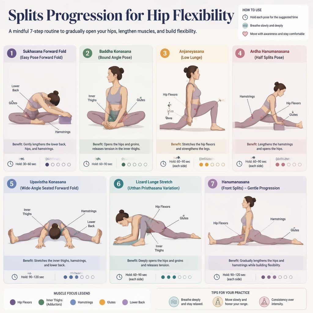 Pastel yoga infographic with 7 hip flexibility stretches, labeled poses, hold times, benefits, and anatomical callouts.