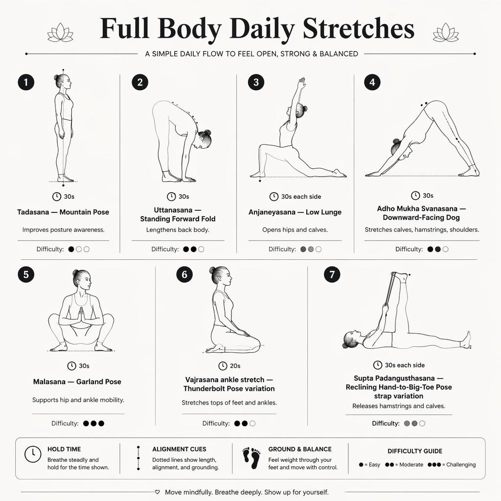 Monochrome infographic with 7 numbered full-body stretch poses, feet and ankles emphasized, editorial grid layout.