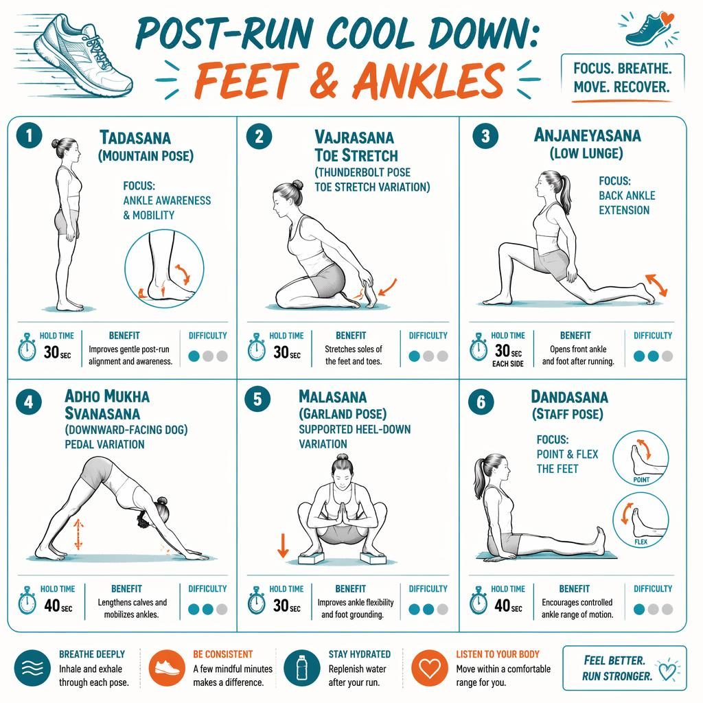 Teal and orange infographic with 6 numbered line-drawn stretches for post-run feet and ankles, timers, arrows, and labels.