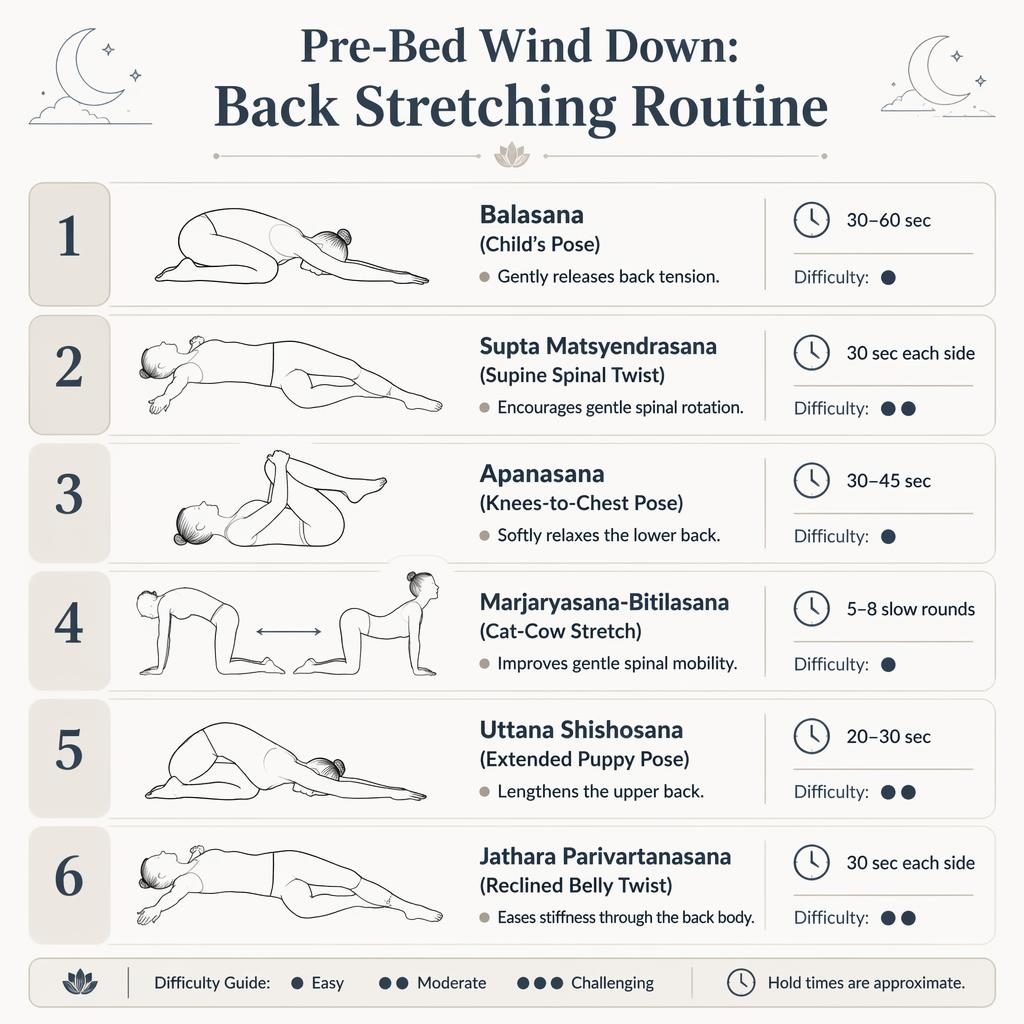 Minimal monochrome infographic with 6 gentle pre-bed back stretches, numbered figures, hold times, benefits, and difficulty dots.