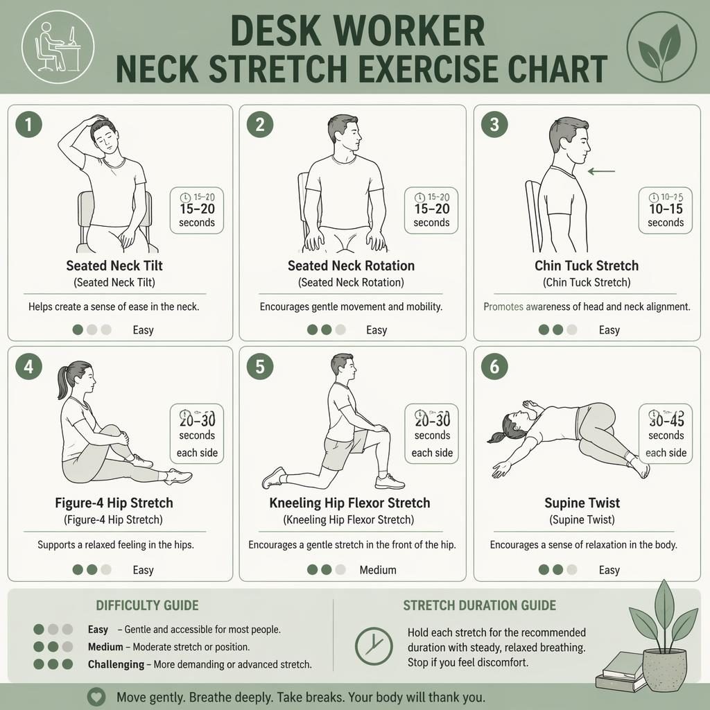 Infographic titled Desk Worker Neck Stretch Exercise Chart with 6 line-drawn stretch poses, duration labels, benefits, and difficulty dots.