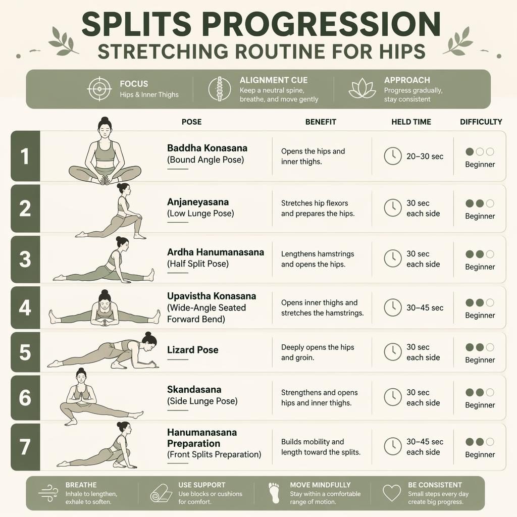 Editorial infographic with 7 numbered hip-opening stretch poses for splits progression in a sage palette, clean figures and timing cues.