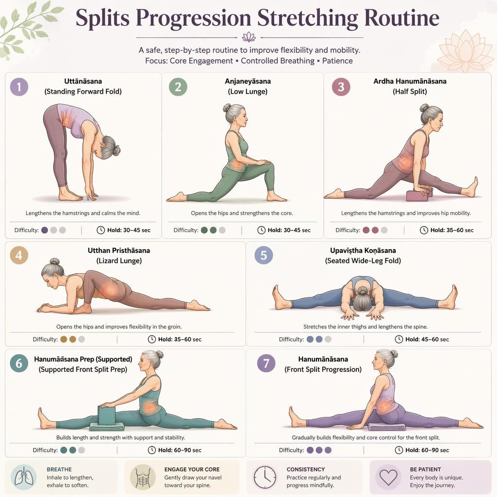 Infografía editorial con 7 posturas progresivas para split frontal, siluetas anatómicas y énfasis visual sutil en core.