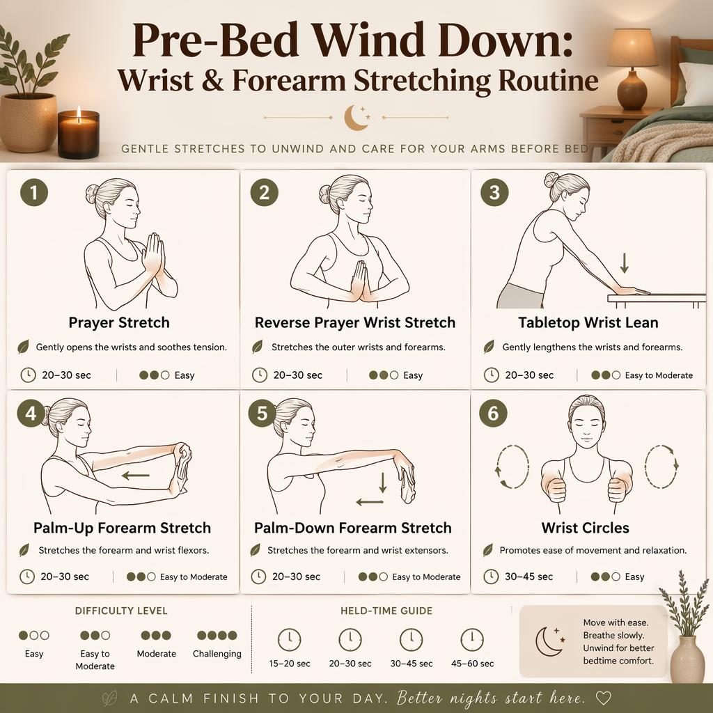 Wellness infographic with 6 numbered wrist and forearm stretches, warm earth tones, hold times, benefits, and difficulty legend.