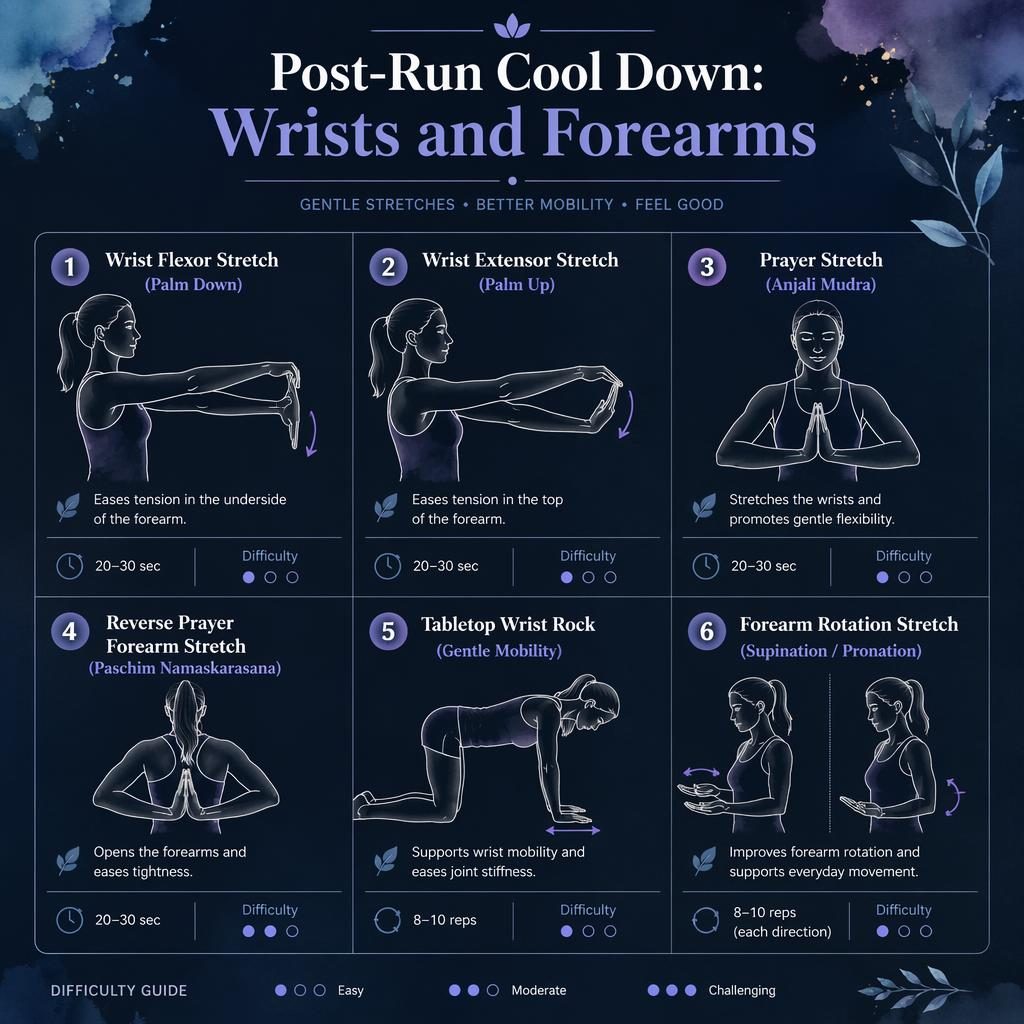 Dark mode infographic showing 6 wrist and forearm cool down stretches with line-drawn figures, hold times, benefits, and difficulty dots.