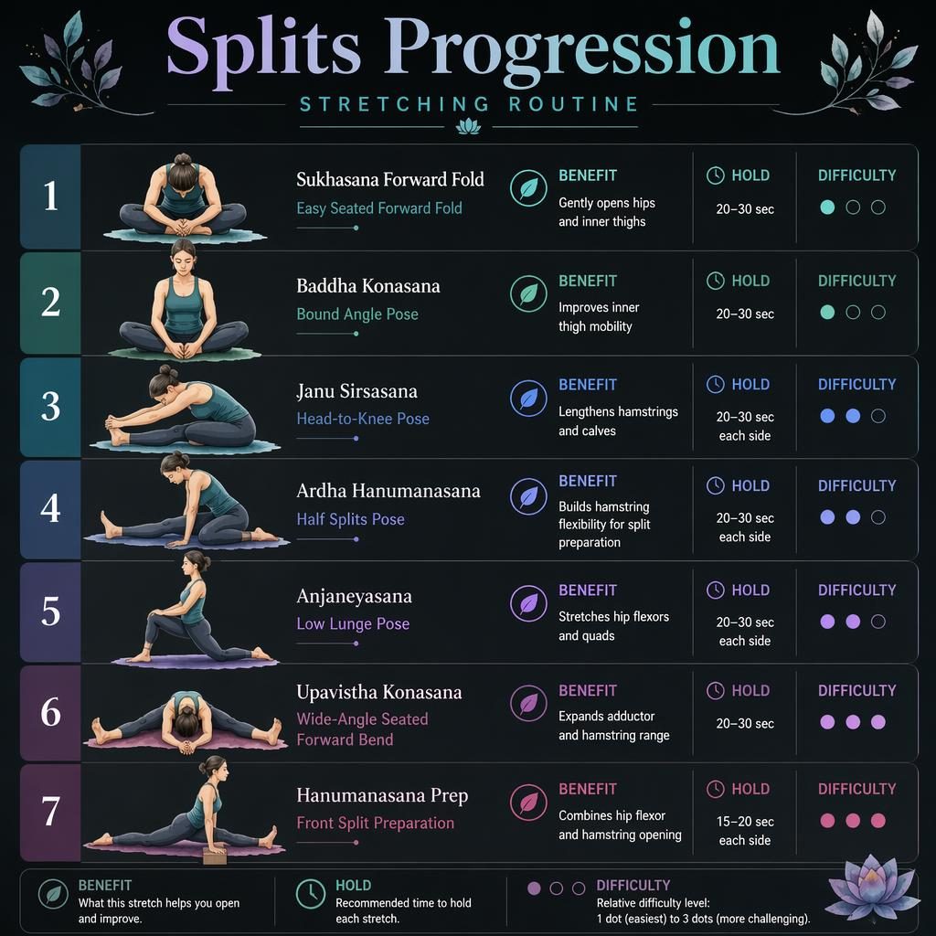 Infografía de estiramientos para progresión de splits con 7 posturas, figuras lineales, fondo oscuro y acuarelas en índigo, teal y ciruela.