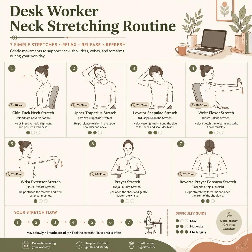 Infographic titled Desk Worker Neck Stretching Routine with 7 numbered stretch figures, warm earth tones, duration labels, and English captions.
