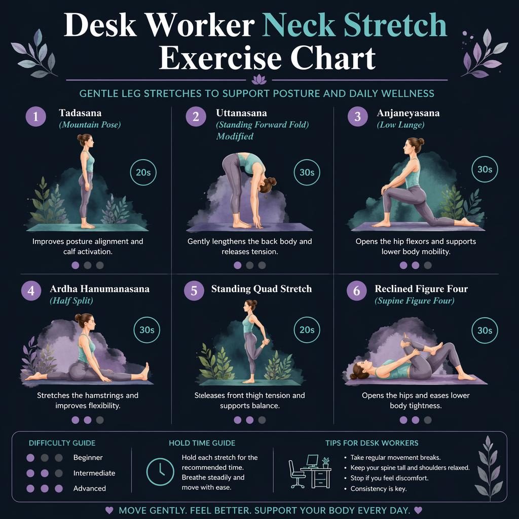 Dark mode stretch exercise chart with 6 numbered desk-worker poses, hold times, benefits, and difficulty legend.