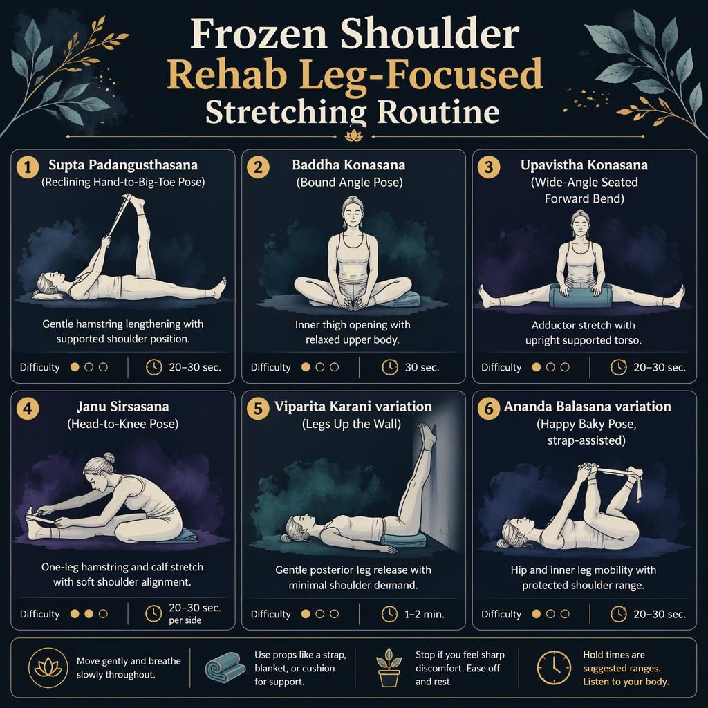 Dark mode watercolor infographic with 6 numbered leg stretches for frozen shoulder rehab, line-drawn figures, hold times, and difficulty dots.