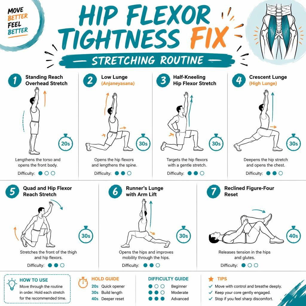Sketchnote infographic with 7 line-drawn figures showing hip flexor stretches in teal and orange, with hold times and labels.