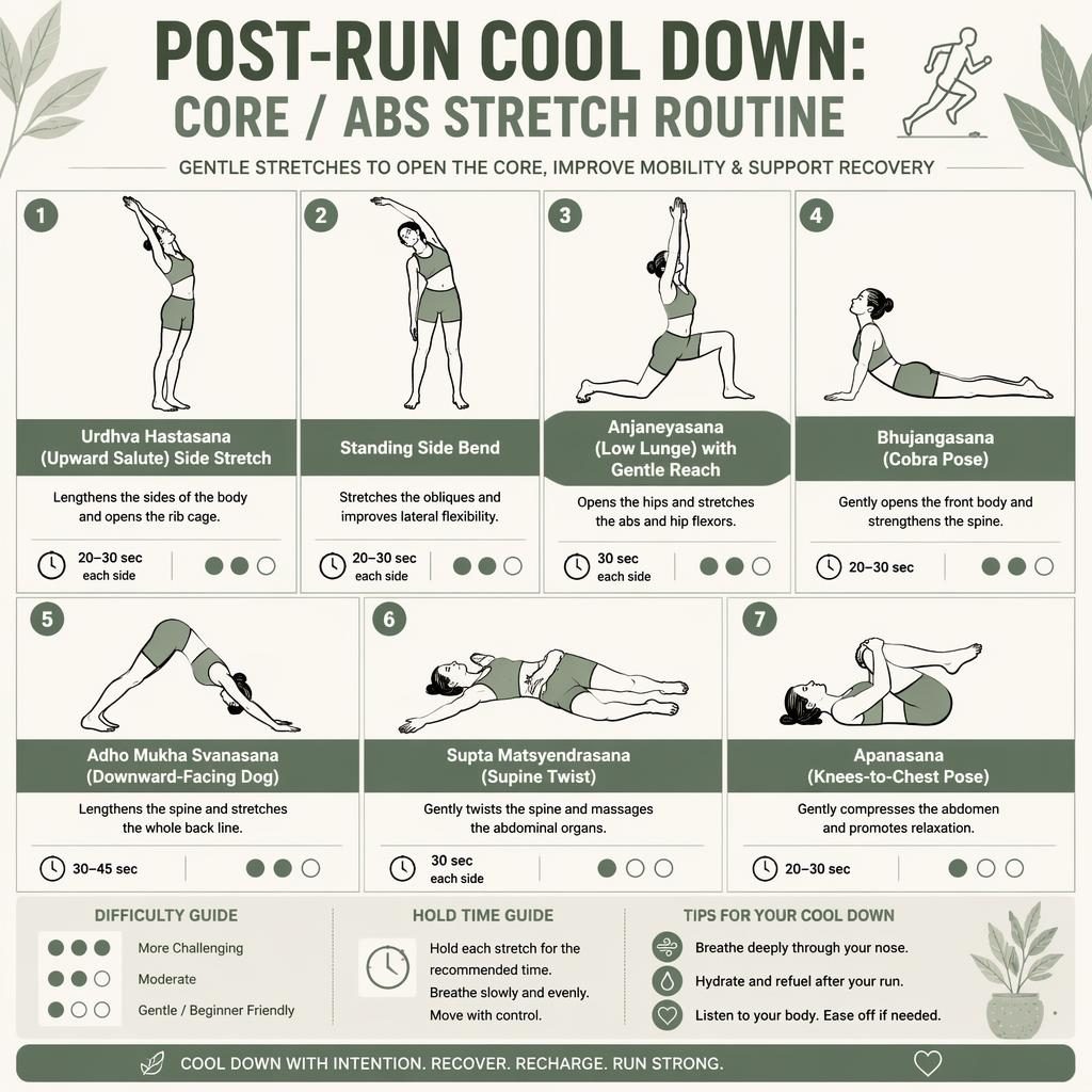 Editorial infographic with 7 post-run core and abs stretches in a sage grid, line-drawn figures, timing badges, and labels.