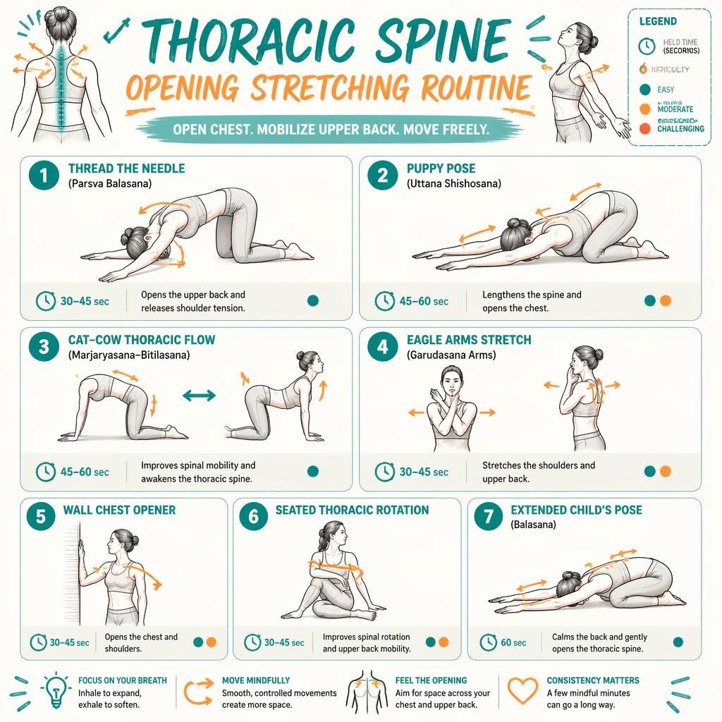 Infographic with 7 numbered thoracic spine opening stretches in teal and orange, with pose names, benefits, seconds, and difficulty dots.