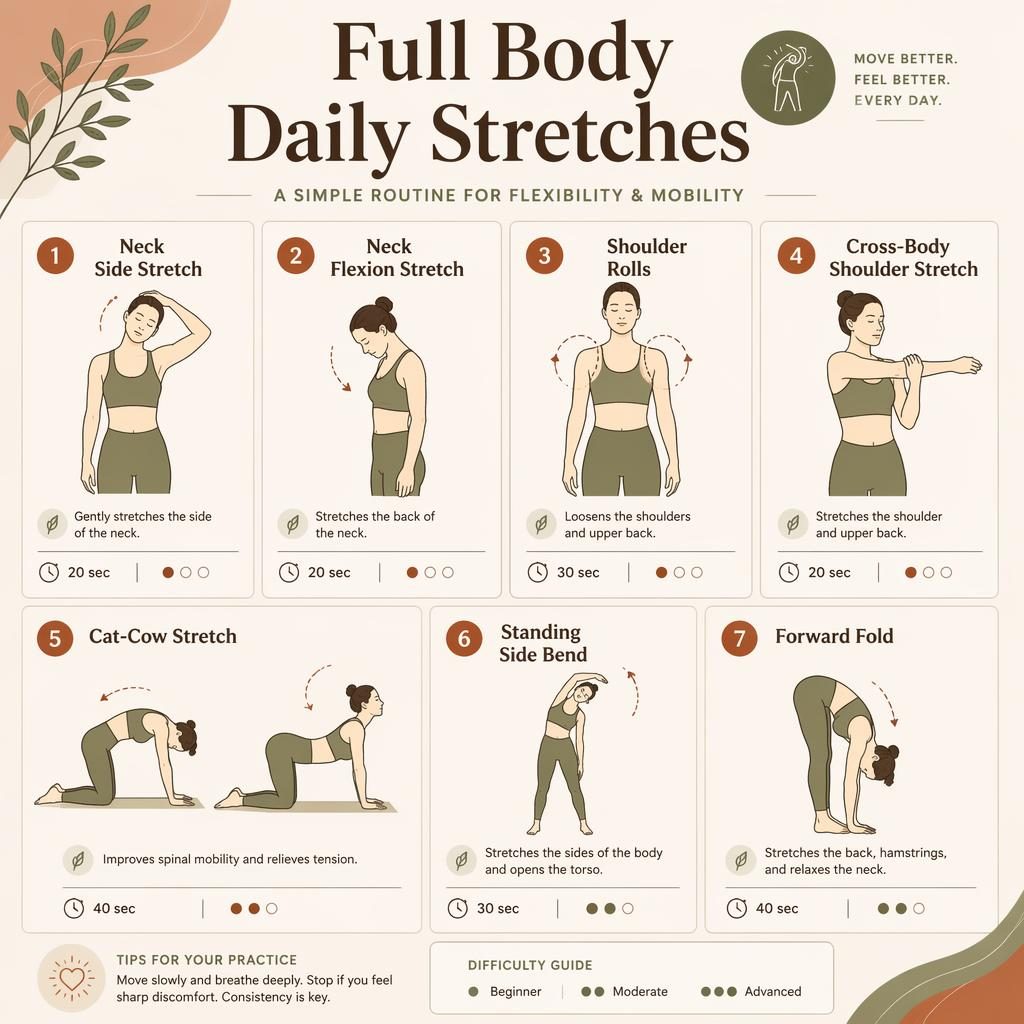 Infographie fitness avec 7 postures d’étirement du corps entier, numérotées, silhouettes anatomiques et texte en anglais.