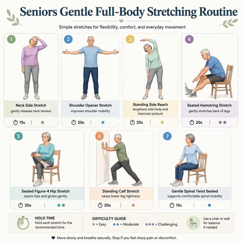 Infographic with 7 numbered senior-friendly full-body stretching poses, line-drawn figures, hold times, benefits, and difficulty dots.