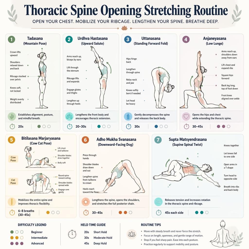Infografía de 7 posturas de estiramiento con siluetas lineales, tiempos, dificultad y enfoque en apertura torácica.