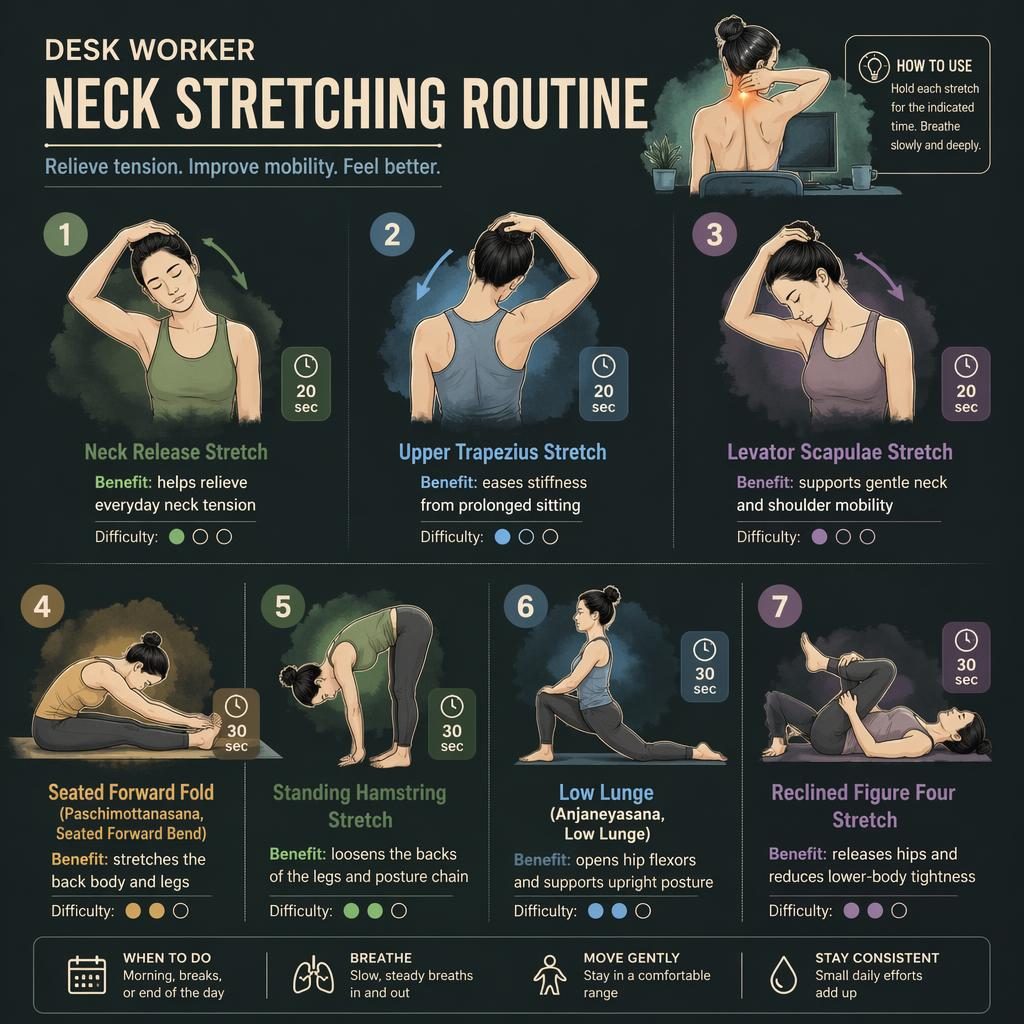 Infografika se 7 figurami ukazuje bezpečné protažení krku, zad a nohou pro pracovníky u stolu v tmavé wellness estetice.