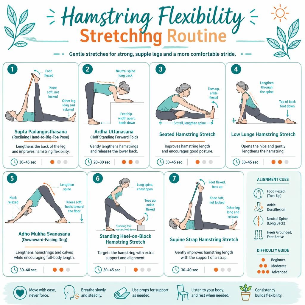 Teal and orange stretching infographic with 7 hamstring flexibility poses, line-drawn figures, alignment cues, and hold times.