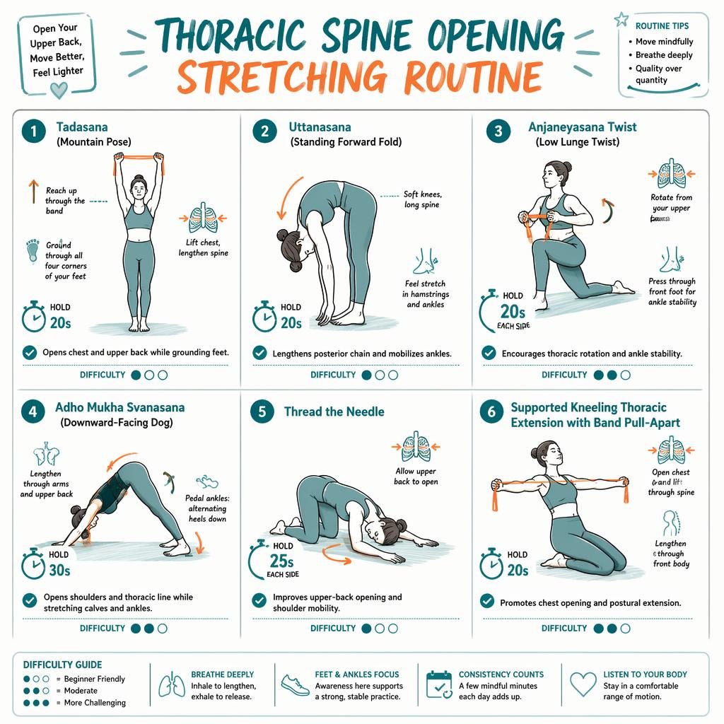 Sketchnote infographic with 6 thoracic spine opening stretches, line-drawn figures, timer badges, difficulty dots, teal-orange accents.