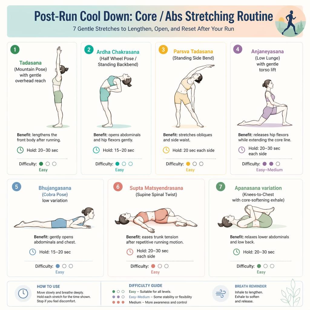 Infographic with 7 numbered line-drawn post-run core and abs stretches, hold times, benefits, and difficulty dots.