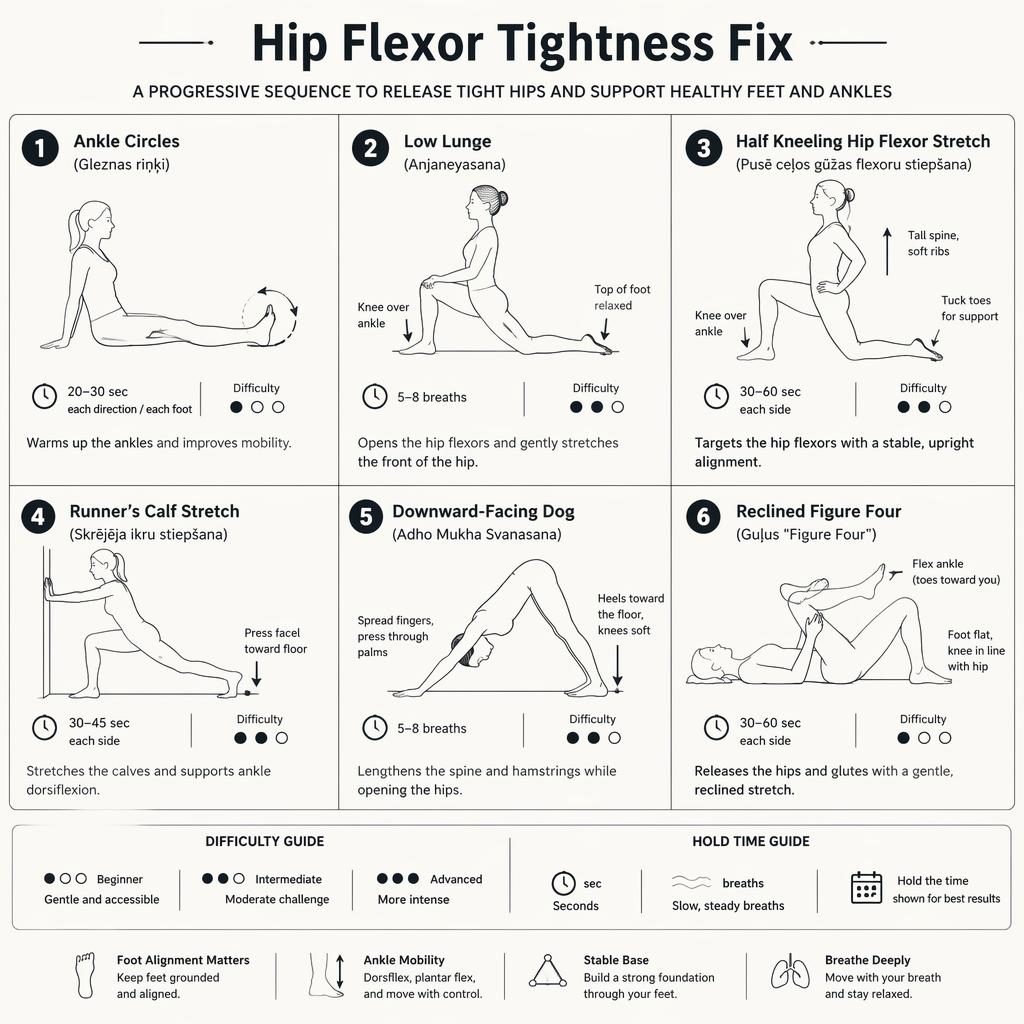 Monochrome infographic with 6 numbered stretch figures for hip flexor tightness, showing poses, hold times, benefits, and difficulty.