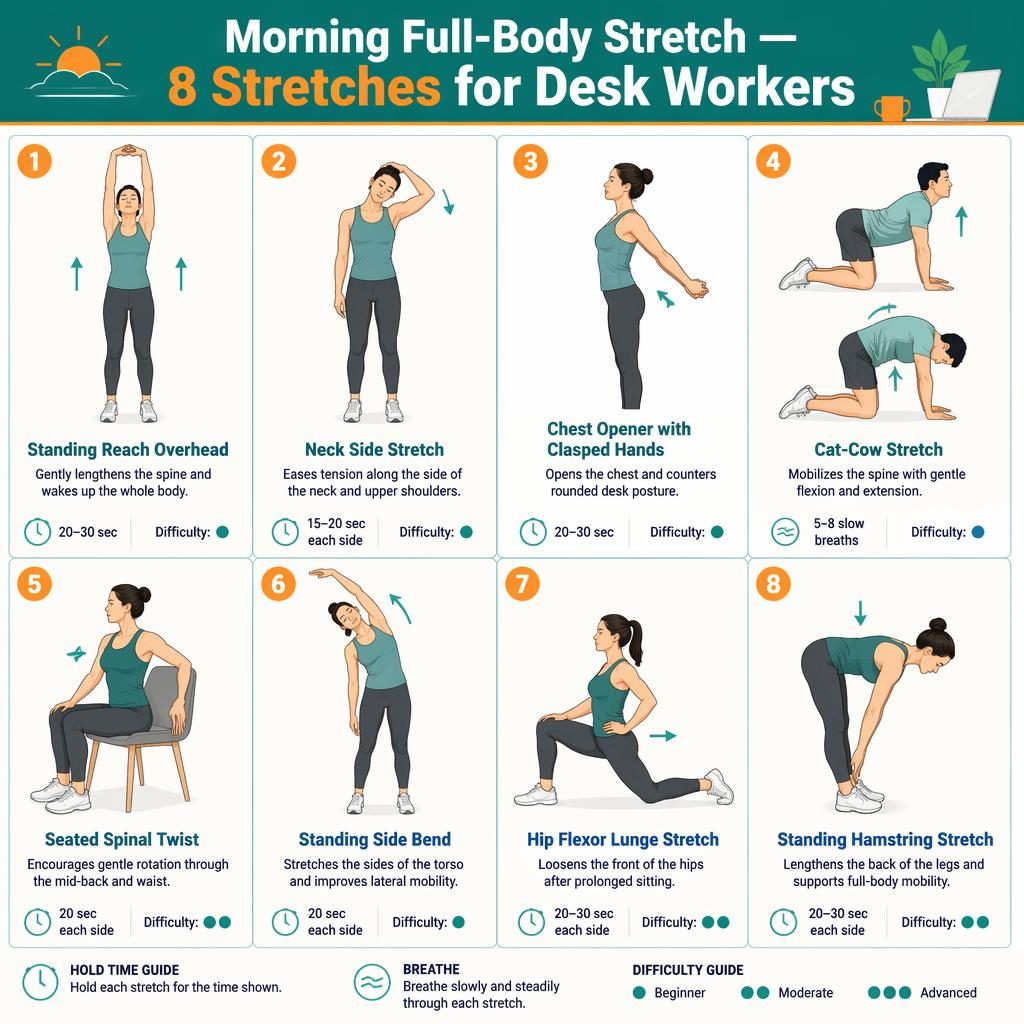 Teal and orange infographic showing 8 full-body desk-worker stretches with numbered figures, pose names, benefits, hold times, and difficulty dots.