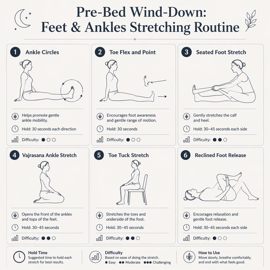 Monochrome infographic with 6 numbered figures showing gentle feet and ankles stretches, hold times, benefits, and difficulty dots.