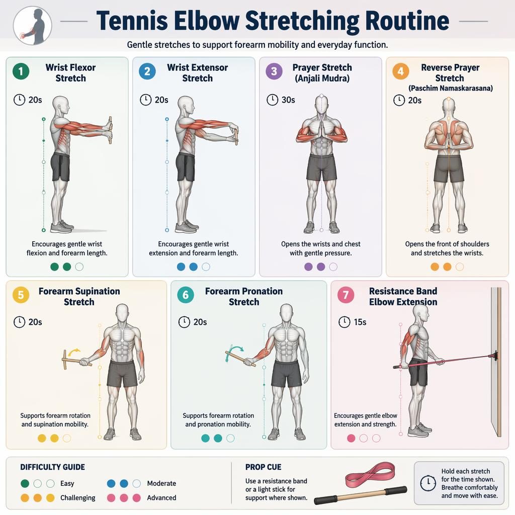 Infographic titled Tennis Elbow Stretching Routine with 7 numbered full-body stretch figures and a final flexible band exercise.