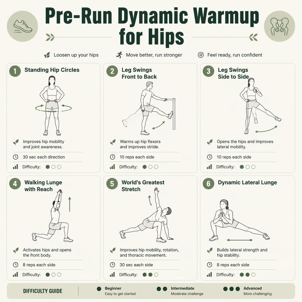 Infographic titled Pre-Run Dynamic Warmup for Hips with 6 numbered runner stretches, sage palette, line-drawn figures.