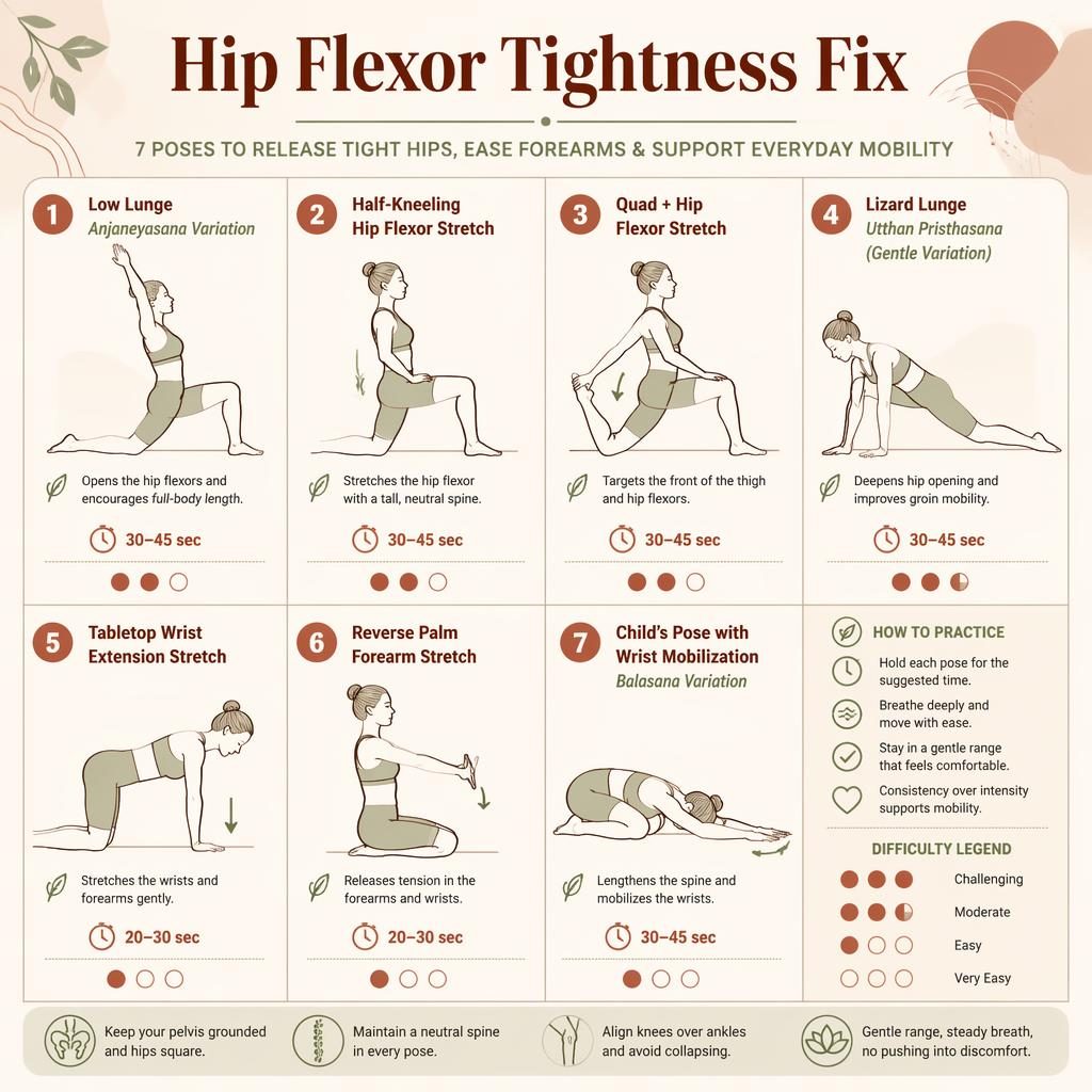 Editorial infographic with 7 line-drawn figures showing hip flexor, wrist, and forearm stretches with hold times and labels.