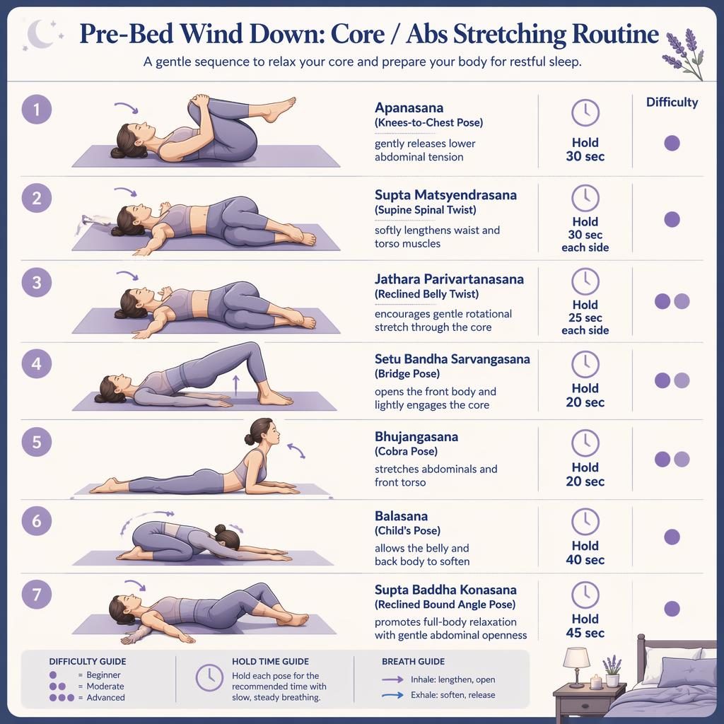 Vertical bedtime stretching infographic with 7 line-drawn poses, hold times, benefits, and difficulty dots in pastel tones.