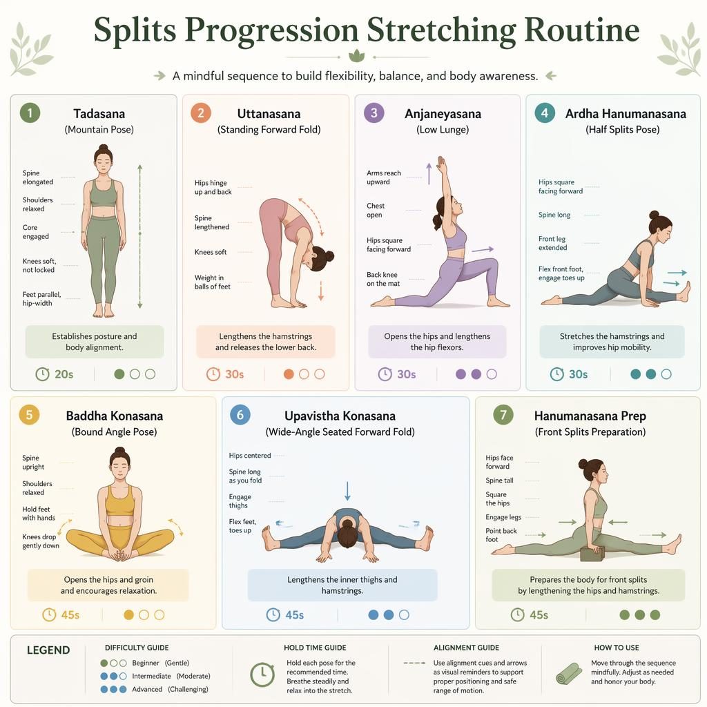 Editorial infographic with 7 numbered yoga stretch figures for splits progression, pastel anatomy silhouettes, labels, timers, dots.