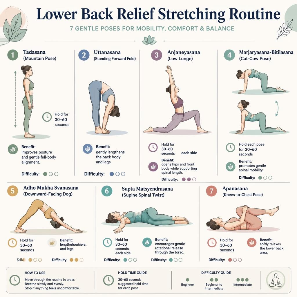 Infographic with 7 numbered line-drawn yoga stretches for lower back relief, pastel palette, hold-time icons, editorial layout.