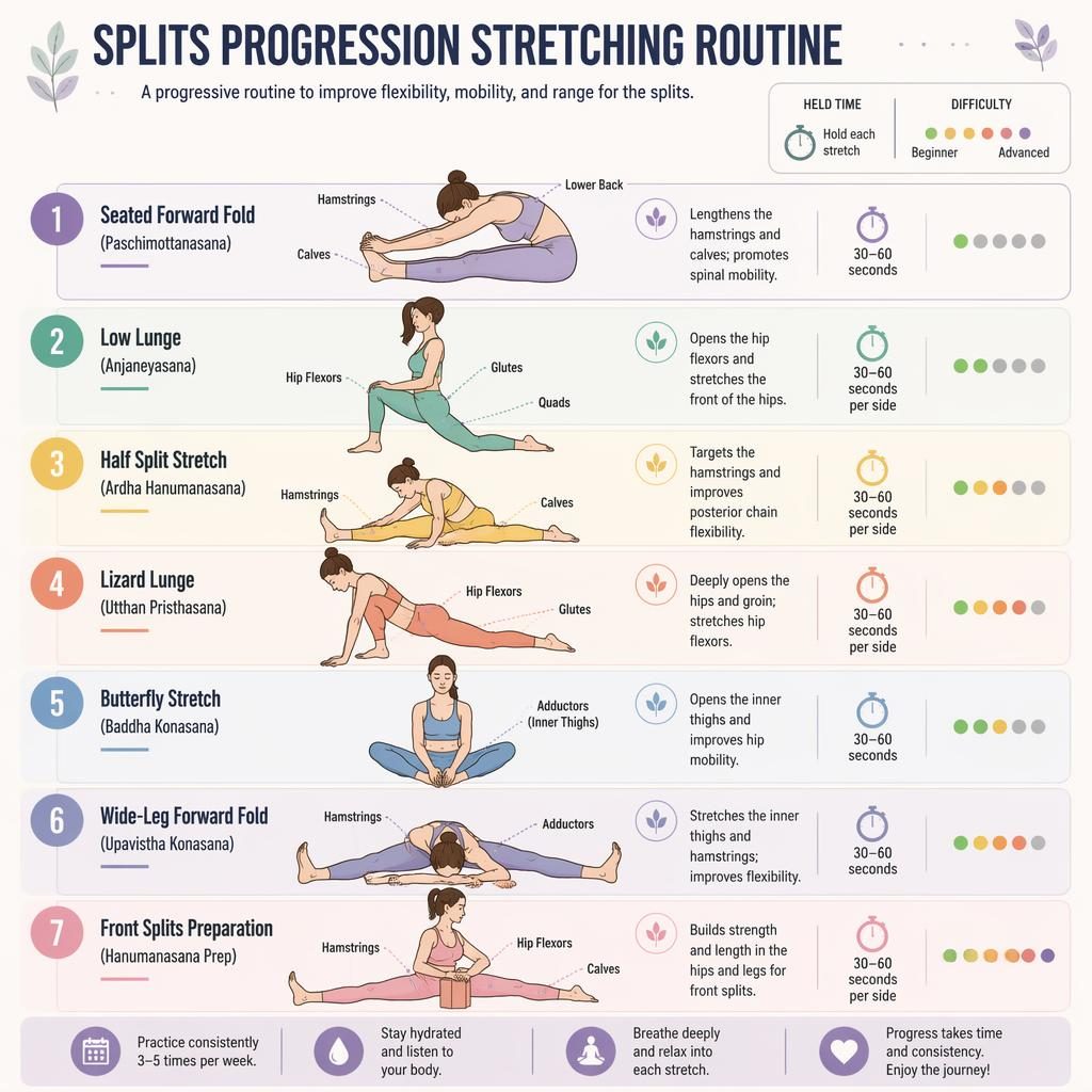 Pastel stretching infographic with 7 numbered pose figures for splits progression, English labels, hold times, and muscle callouts.