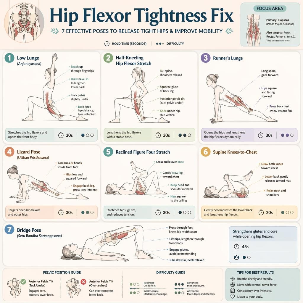 Pastel infographic with 7 line-drawn hip flexor stretches, anatomy details, alignment cues, hold times, and difficulty dots.