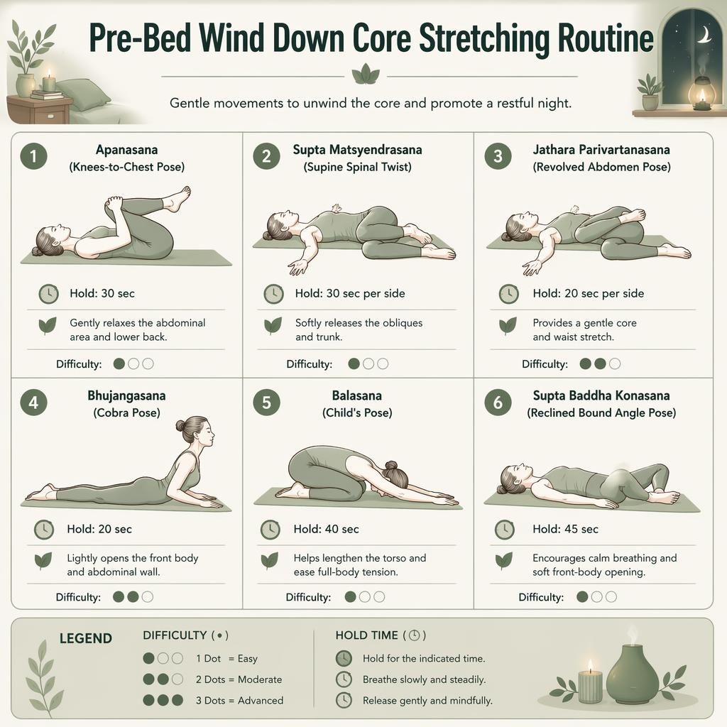 Infographic showing 6 gentle core stretching poses for bedtime with line-drawn body silhouettes, hold times, benefits, and difficulty dots.