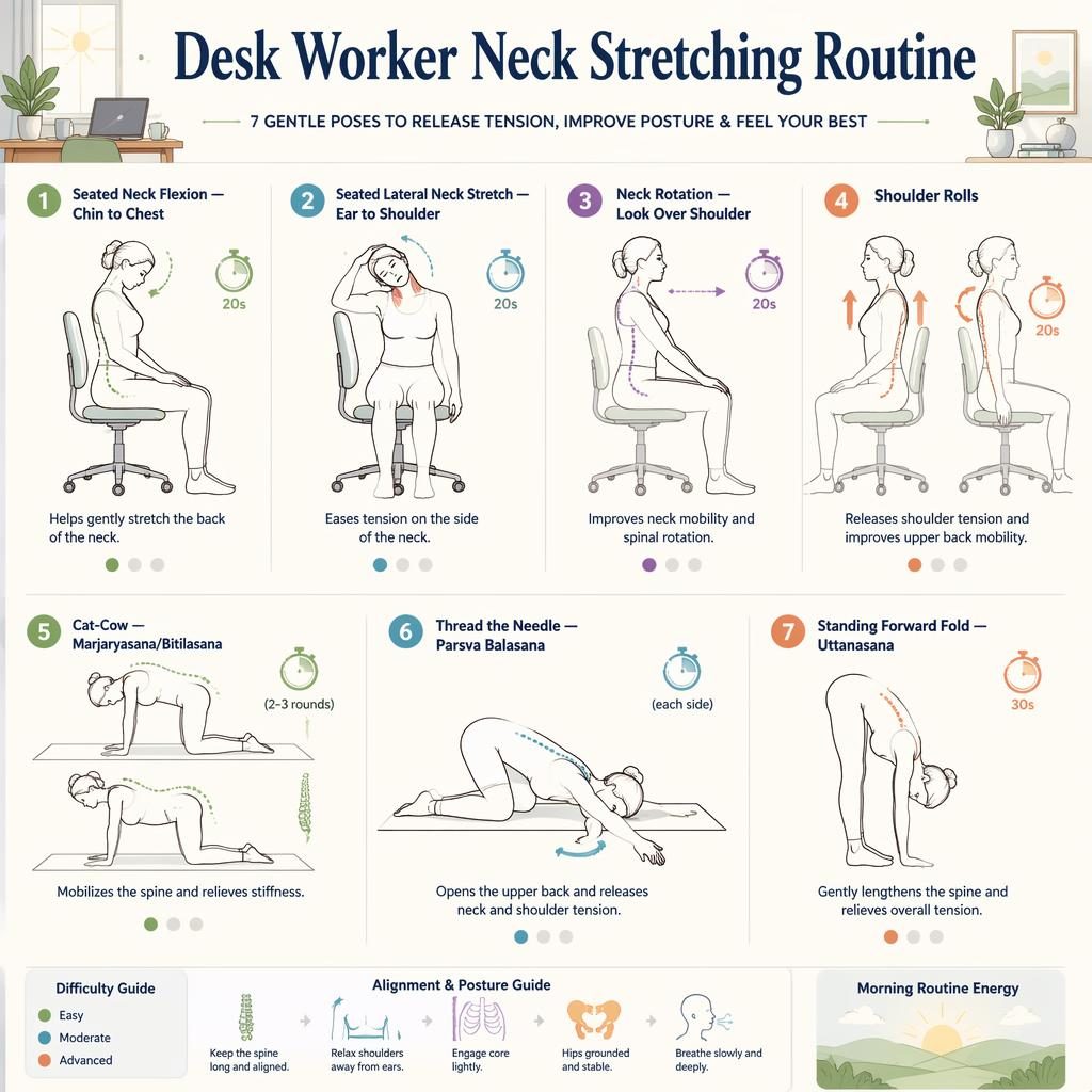 Infographic with 7 numbered full-body line figures showing gentle neck and mobility stretches, hold times, labels, and alignment guides.