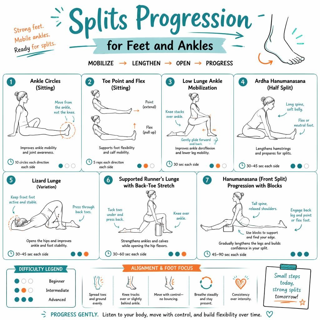 Sketchnote infographic with 7 numbered stretches for splits progression, focused on feet and ankles in teal and orange.